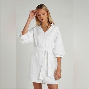 Dissh White Button Up Collared Dress with Tie